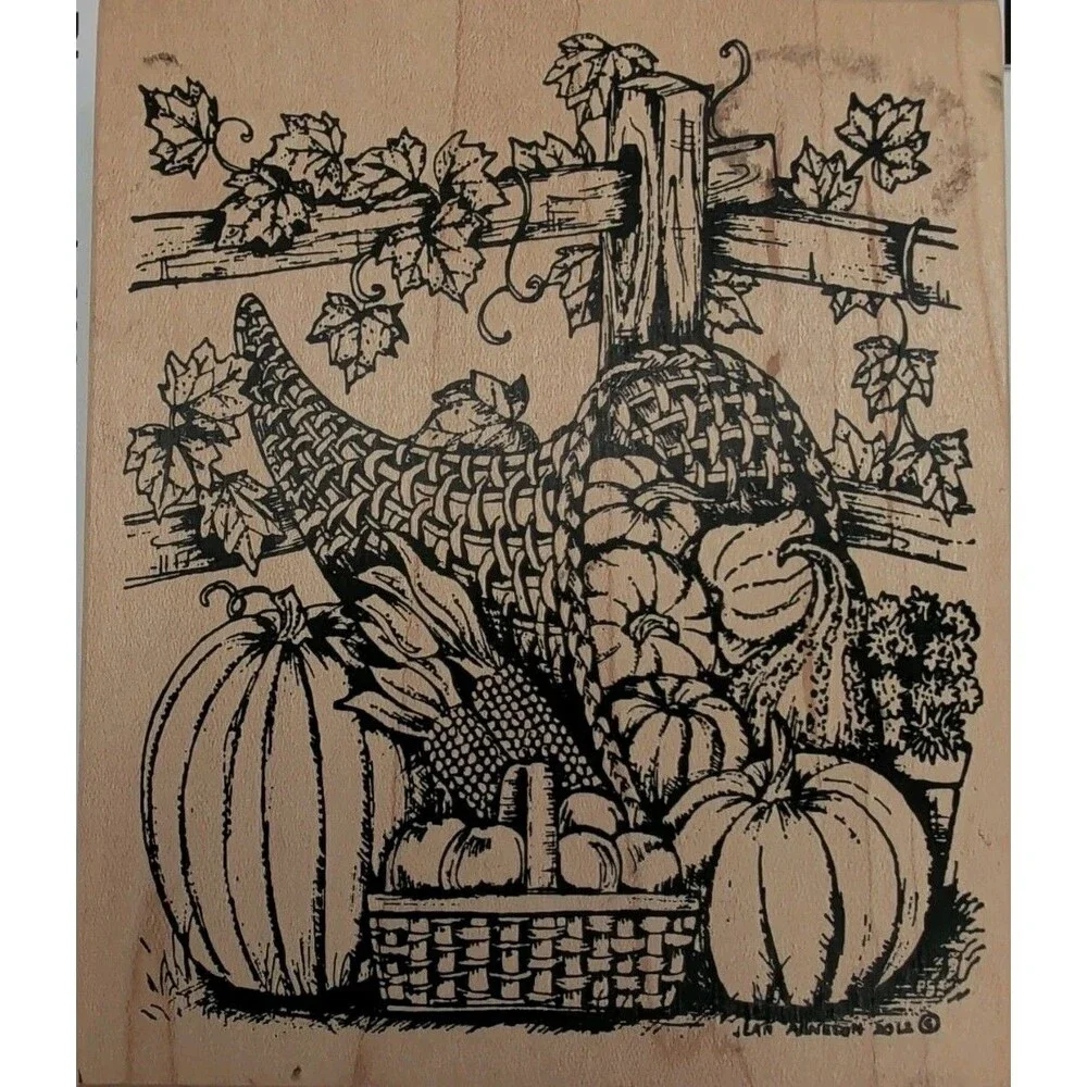 Northwoods Rubber Stamp Harvest Fall Background Pumpkin Apple Fence Mums Corn